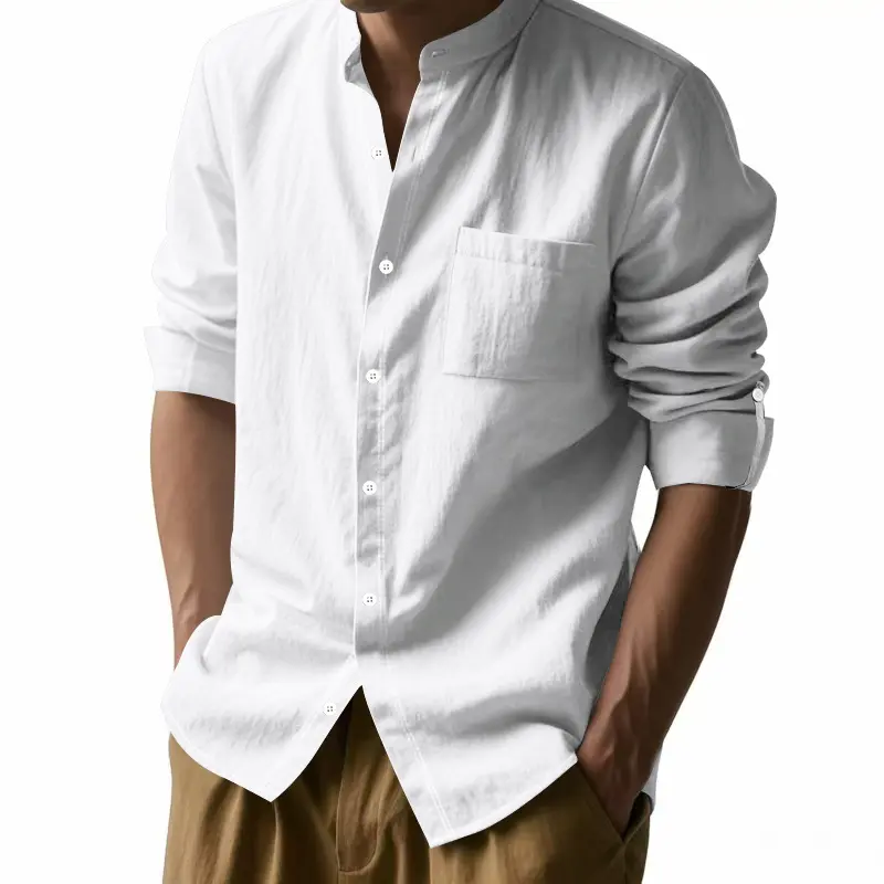 2025 New Men's Linen Stand Up Collar Shirt Fashion New Chinese Long Sleeve Top Breathable Loose Casual Versatile Shirt
