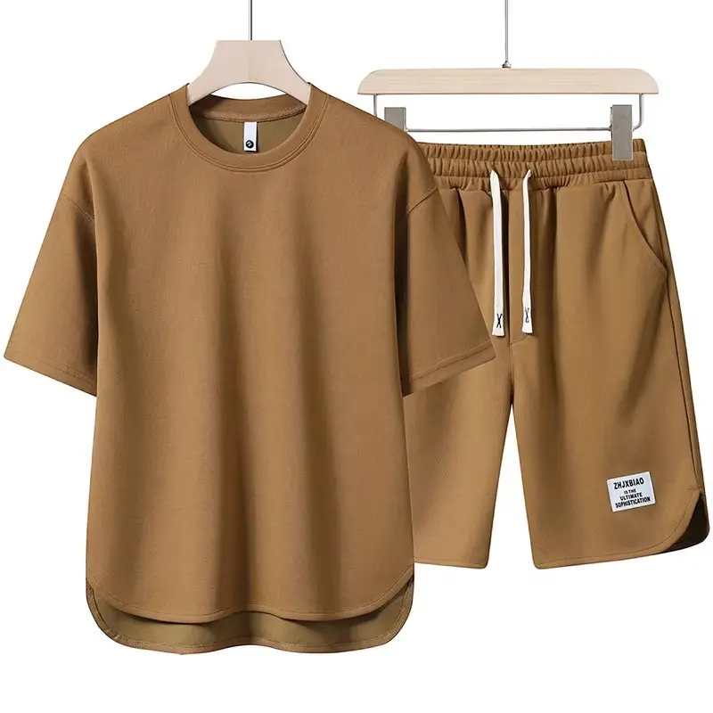 2025 Summer Men's Ice Silk Cool Short Sleeve T-shirt Set High End Leisure and Sports Two Piece Set, Breathable and Quick Drying