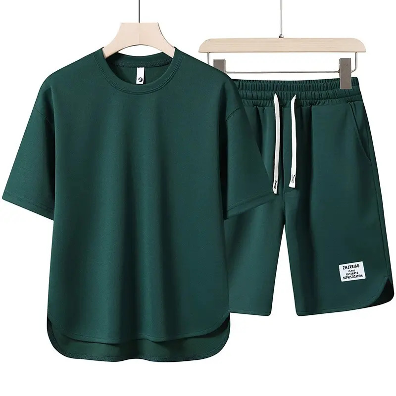 2025 Summer Men's Ice Silk Cool Short Sleeve T-shirt Set High End Leisure and Sports Two Piece Set, Breathable and Quick Drying