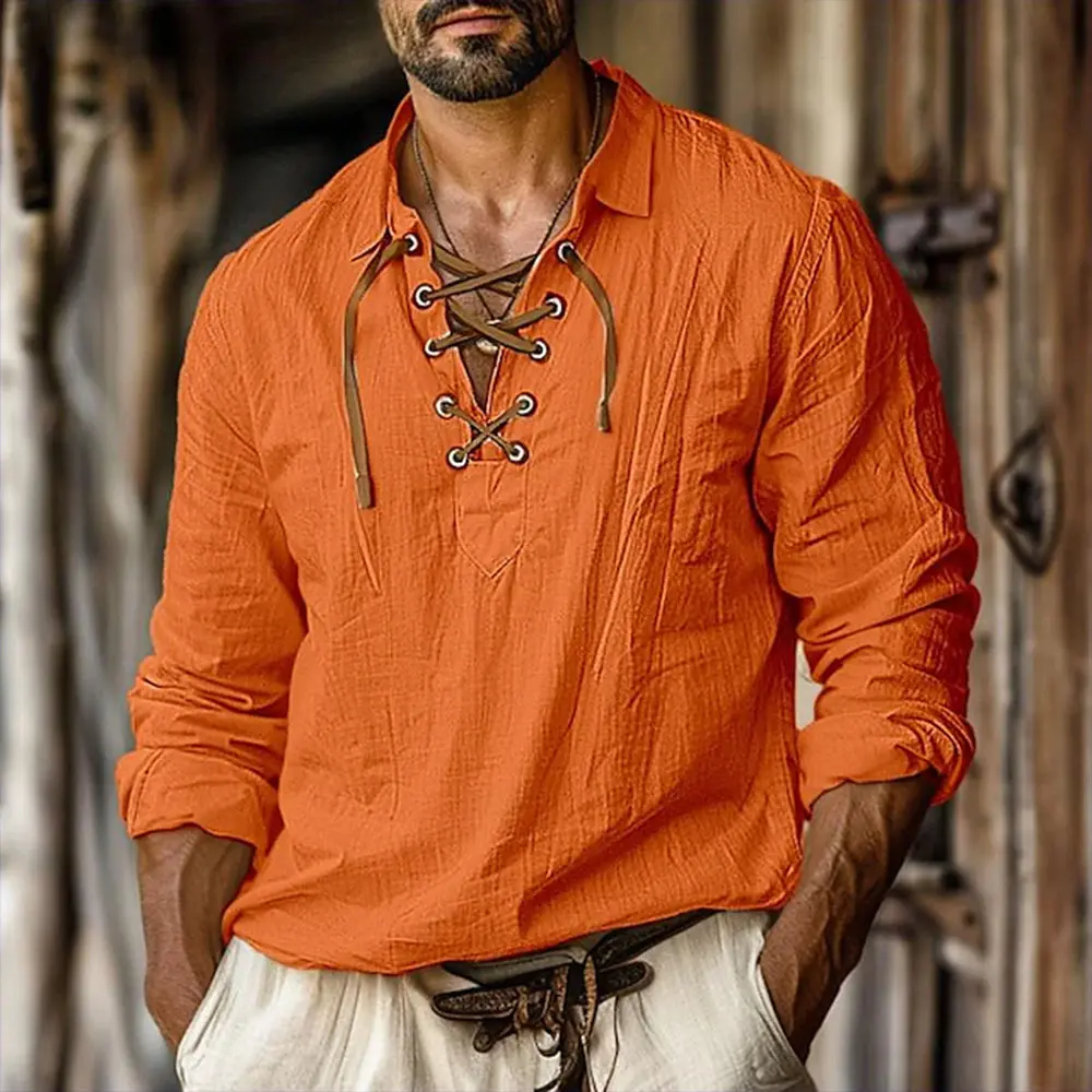 European and American Men's New Lapel Loose Shirt Men's Shirt Linen Shirt Viking Style Pirate Shirt Summer Beach Shirt