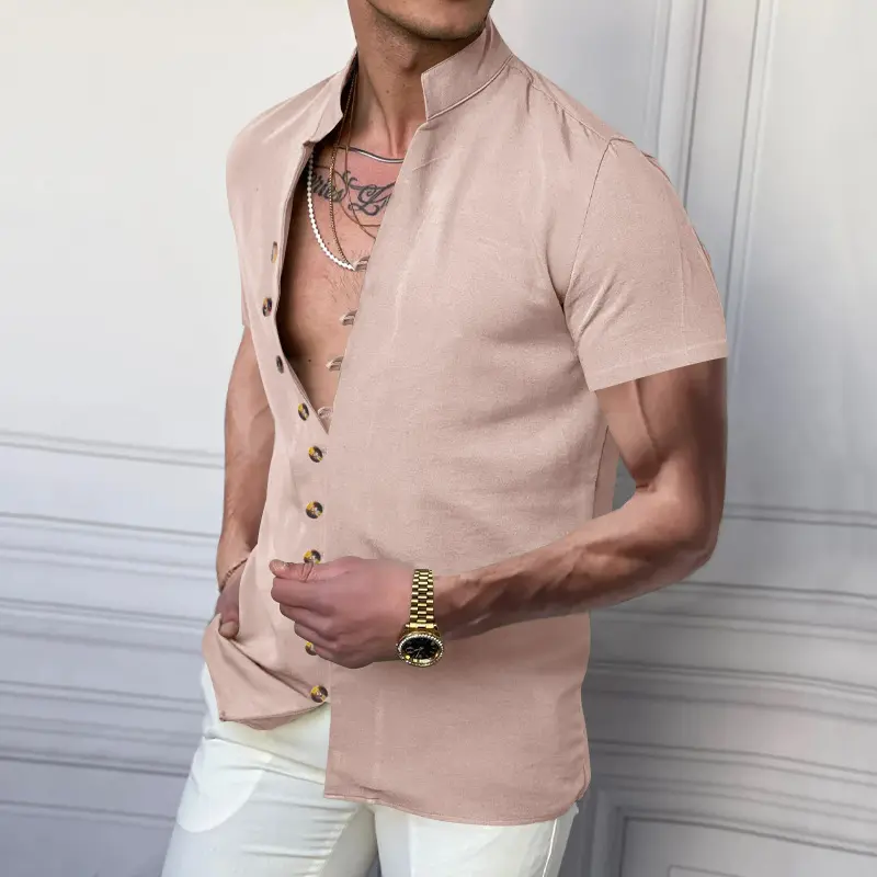 Summer Retro Linen Shirt Men's Casual Short Sleeved Button Up Shirt Breathable Stand Up Collar T-shirt 2025 New Shirt