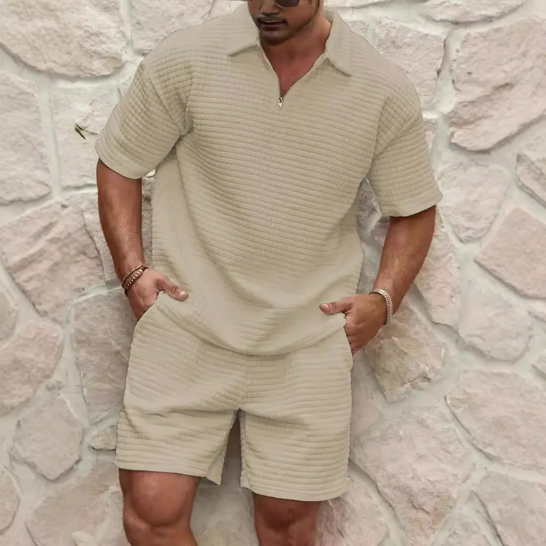 2025 New Men's Summer Waffle Collar Polo Shirt Shorts Set Breathable Sportswear Fashionable Casual Fitness Set