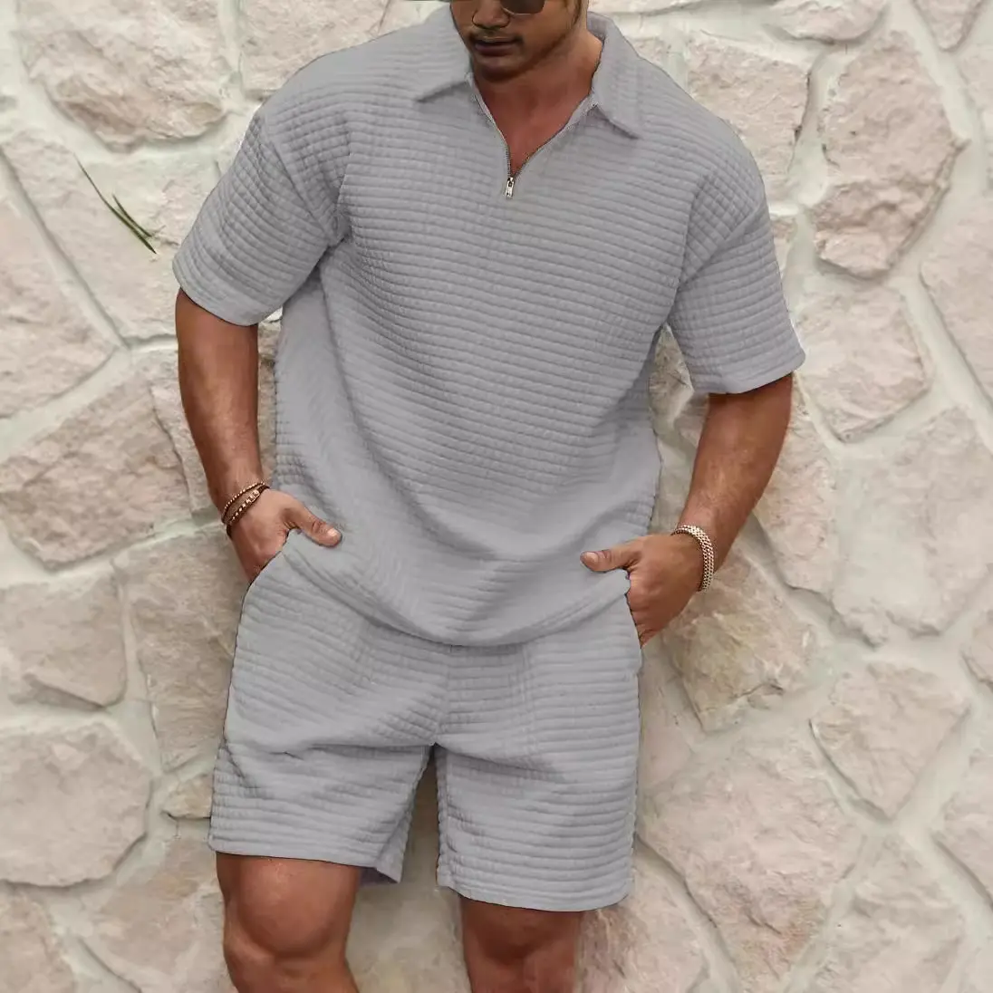 2025 New Men's Summer Waffle Collar Polo Shirt Shorts Set Breathable Sportswear Fashionable Casual Fitness Set