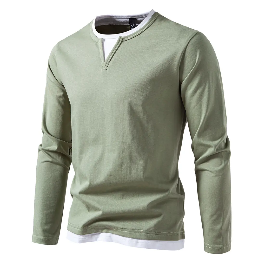 New Men's T-shirt Fake Two Piece Double-layer V-neck Splicing Daily Casual Street Loose Plus Size Long Sleeved T-shirt