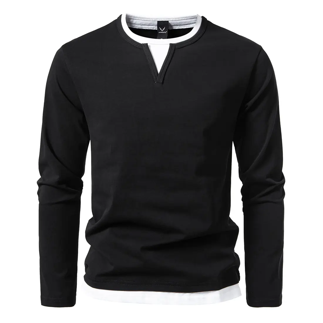 New Men's T-shirt Fake Two Piece Double-layer V-neck Splicing Daily Casual Street Loose Plus Size Long Sleeved T-shirt