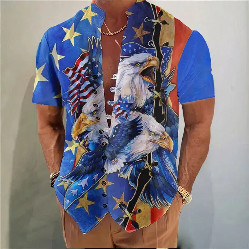 Men Shirts New Print Button Short Sleeves Shirt Fashion Stand Collar Loose Fitting Men's Shirts Casual Beach Streetwear Hot Sale