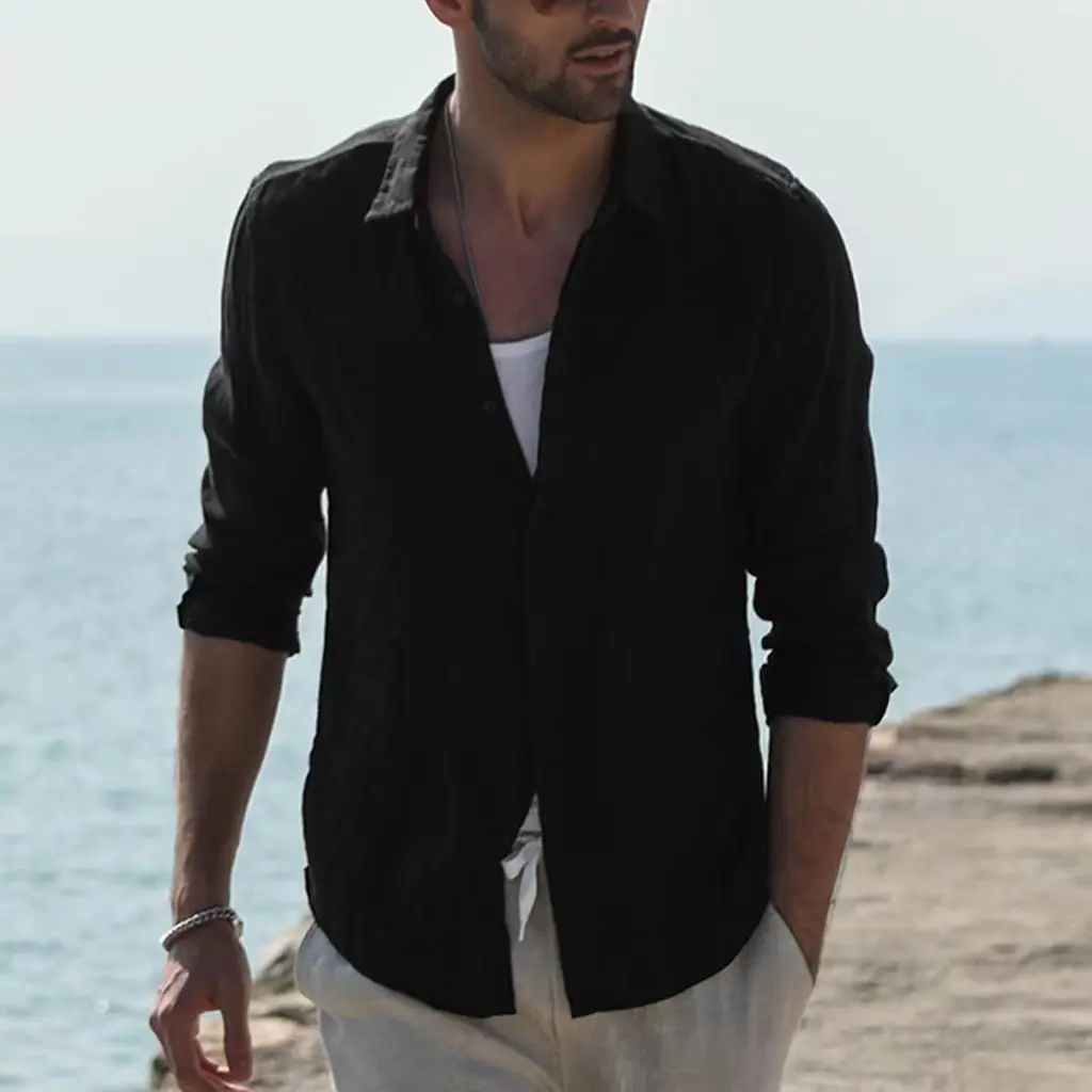 Men's Pure Cotton Solid Color Summer Beach Long Sleeved Shirt Men's Button Lapel Loose Oversized Casual Shirt