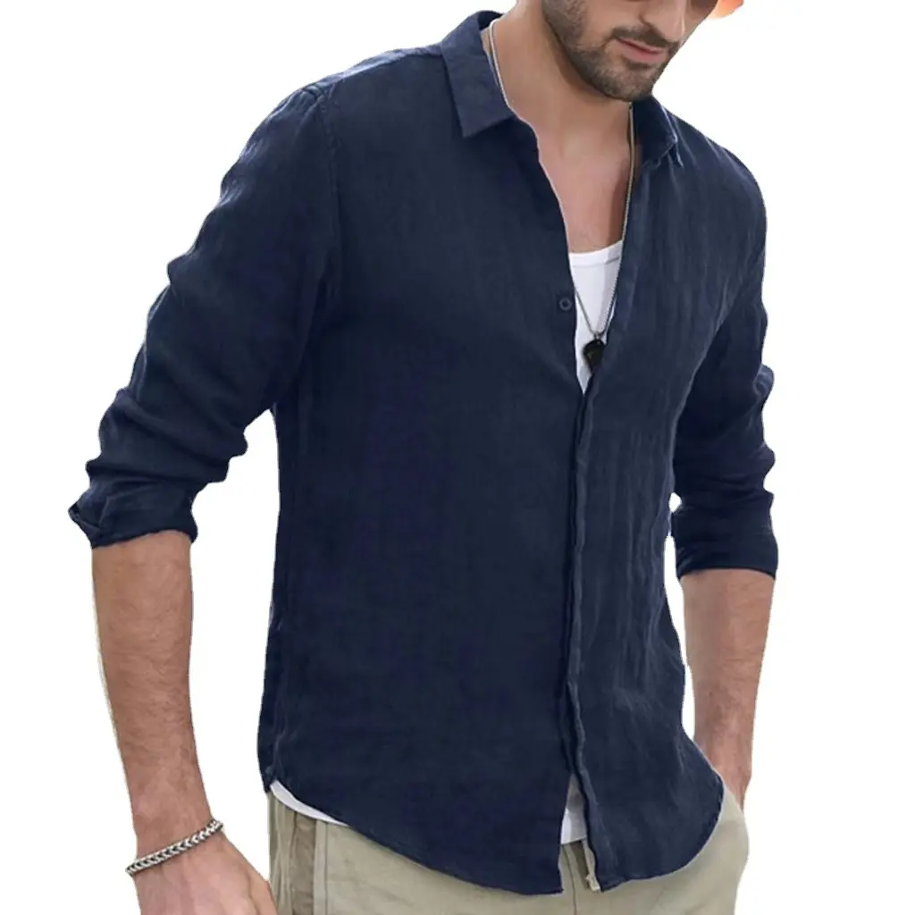 Men's Pure Cotton Solid Color Summer Beach Long Sleeved Shirt Men's Button Lapel Loose Oversized Casual Shirt