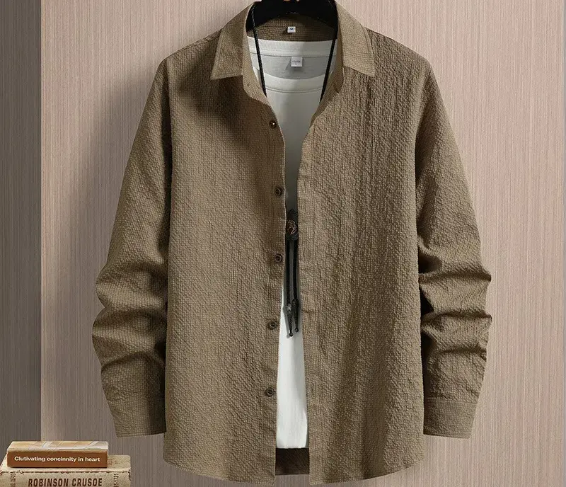 2024 New Autumn Men's Top Men's Lapel Casual Long Sleeved Shirt Trend Versatile Solid Color Slim Fit Men's Jacket