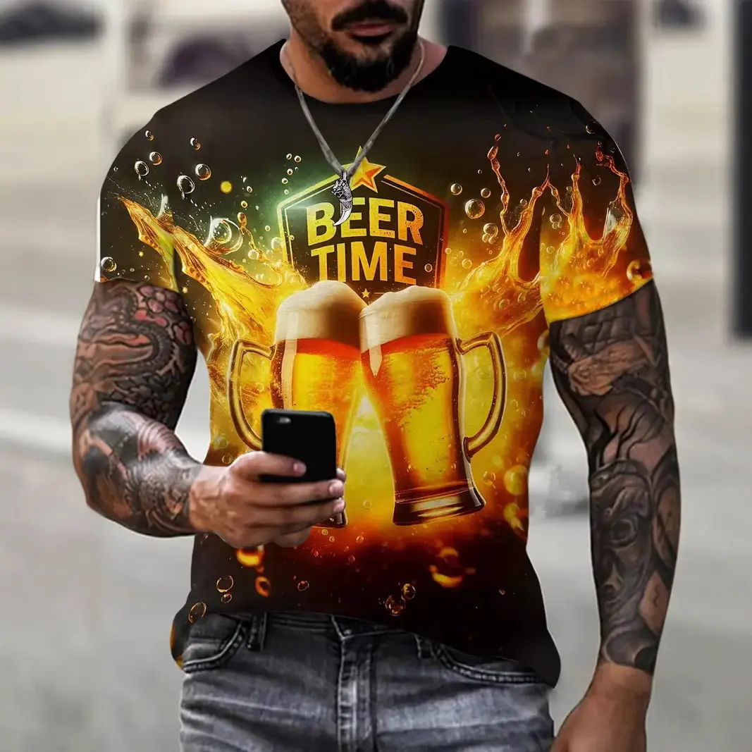 Men's Gradient Color Beer Graphic Print T-Shirt Short Sleeve Crew Neck Tee Vacation Casual Men's Clothing for Summer Outdoor Top