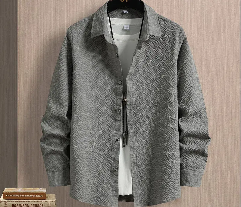 2024 New Autumn Men's Top Men's Lapel Casual Long Sleeved Shirt Trend Versatile Solid Color Slim Fit Men's Jacket