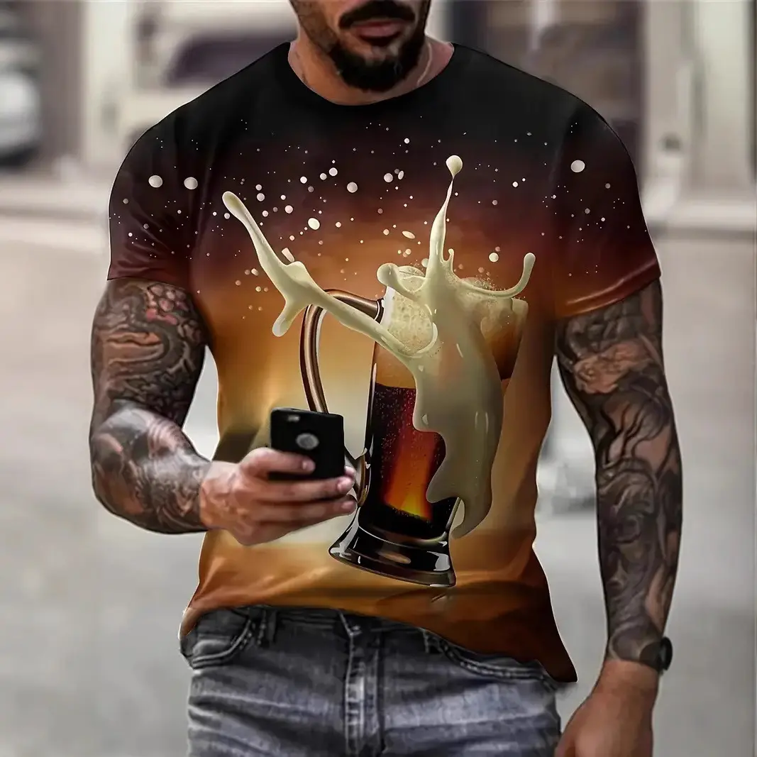 Men's Gradient Color Beer Graphic Print T-Shirt Short Sleeve Crew Neck Tee Vacation Casual Men's Clothing for Summer Outdoor Top