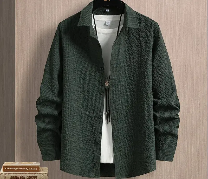 2024 New Autumn Men's Top Men's Lapel Casual Long Sleeved Shirt Trend Versatile Solid Color Slim Fit Men's Jacket