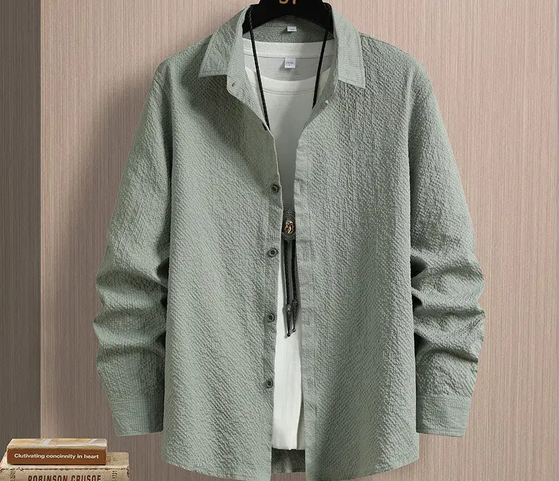 2024 New Autumn Men's Top Men's Lapel Casual Long Sleeved Shirt Trend Versatile Solid Color Slim Fit Men's Jacket