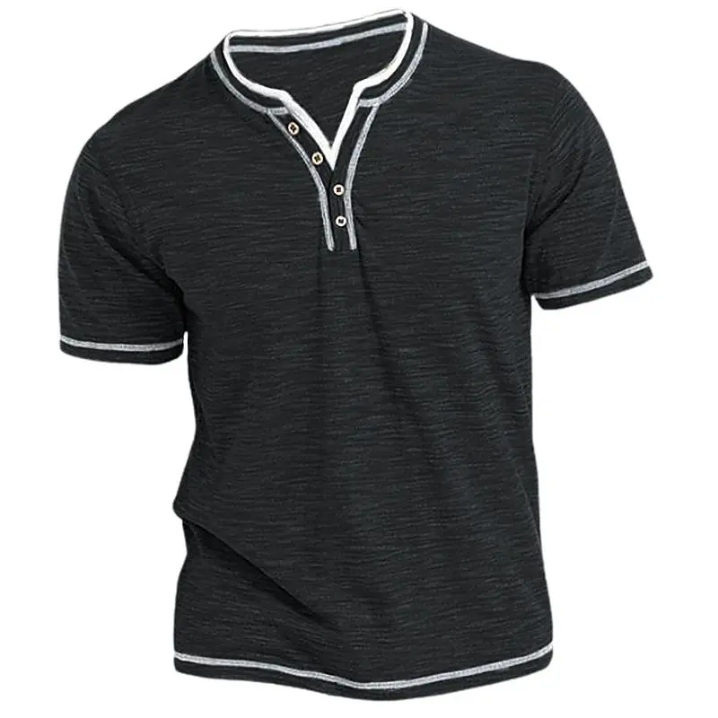 Summer New Color Cotton Small V-neck Open Collar Men's Casual Short Sleeved Henley Shirt Soft and Skin Friendly Daily T-shirt