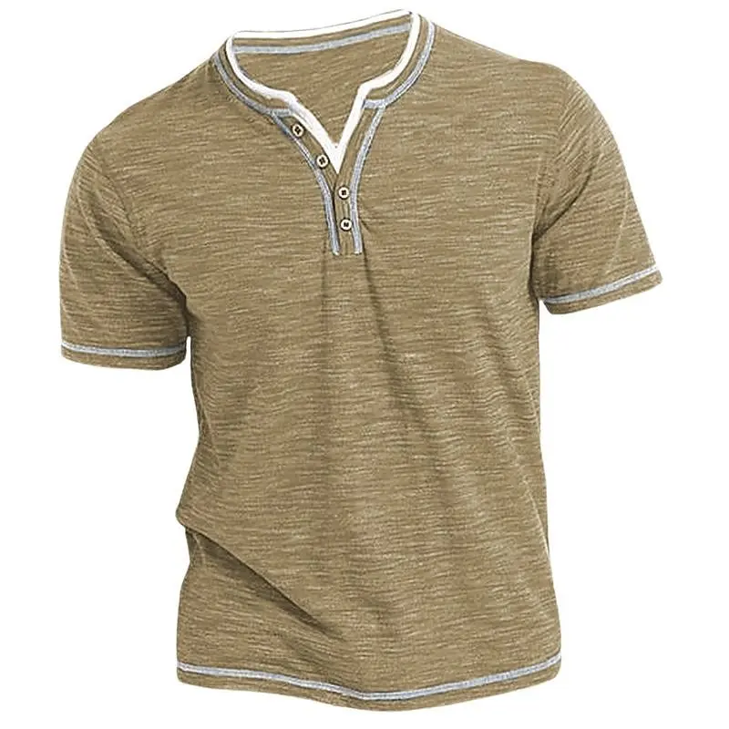 Summer New Color Cotton Small V-neck Open Collar Men's Casual Short Sleeved Henley Shirt Soft and Skin Friendly Daily T-shirt