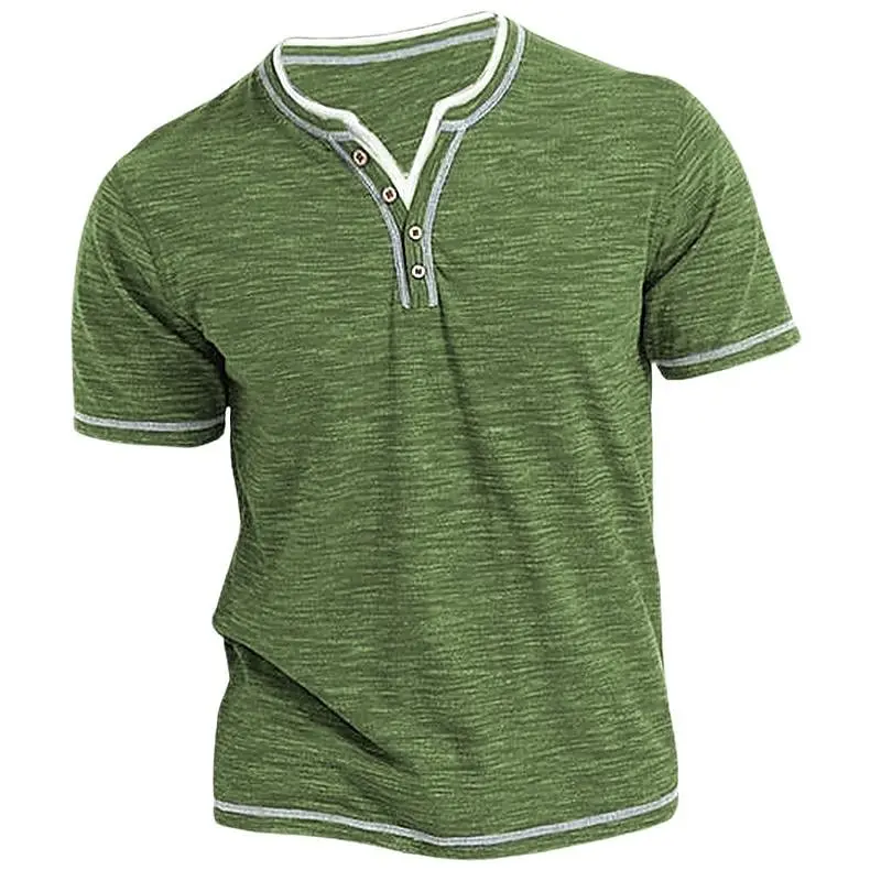 Summer New Color Cotton Small V-neck Open Collar Men's Casual Short Sleeved Henley Shirt Soft and Skin Friendly Daily T-shirt