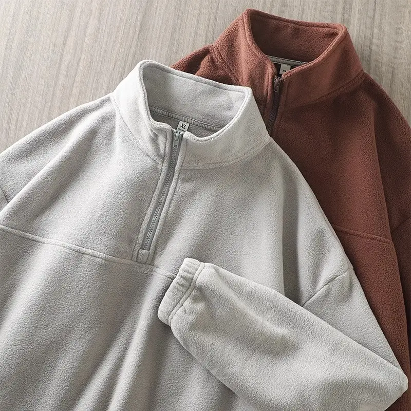 American Style Fleece Casual Hoodie for Men in Autumn and Winter 2024 New Loose Base Shirt Long Sleeved Half Zip Jacket