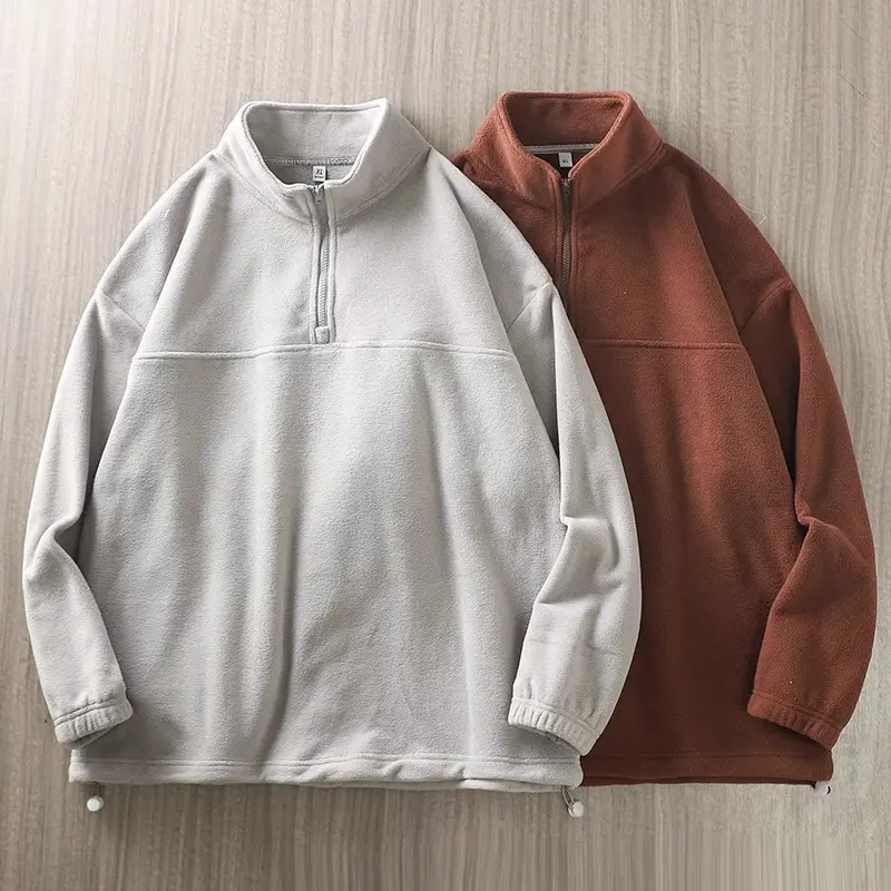 American Style Fleece Casual Hoodie for Men in Autumn and Winter 2024 New Loose Base Shirt Long Sleeved Half Zip Jacket