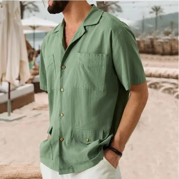 Summer Men's Multi Pocket Casual Short Sleeved Button Up Shirt with a Cotton Washable Lightweight Top Fashionable T-shirt