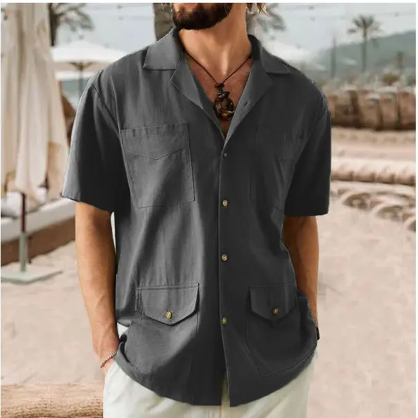 Summer Men's Multi Pocket Casual Short Sleeved Button Up Shirt with a Cotton Washable Lightweight Top Fashionable T-shirt