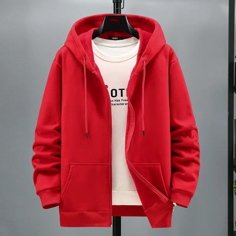 2024 Men's New Autumn and Winter Trend Plus Size Warm Hooded Cardigan Men's Casual Versatile Loose Sweatshirt Jacket
