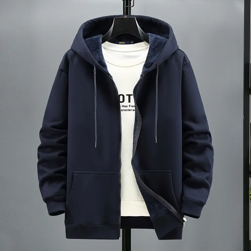 2024 Men's New Autumn and Winter Trend Plus Size Warm Hooded Cardigan Men's Casual Versatile Loose Sweatshirt Jacket
