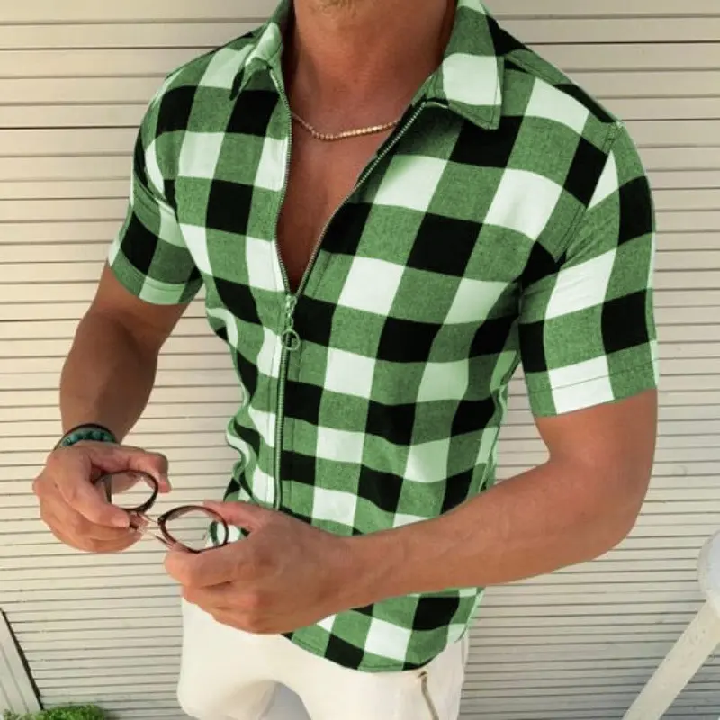 American Style New Fashionable Zipper Four Sided Elastic Grid Printed Top Men's Slim Fit Cardigan Summer Short Sleeved Shirt