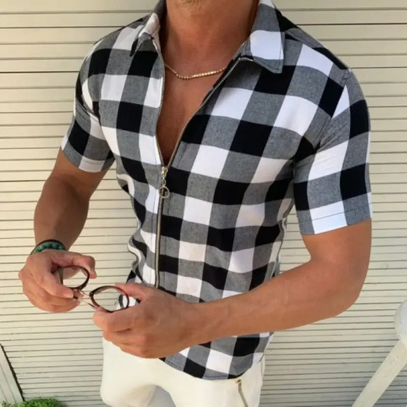 American Style New Fashionable Zipper Four Sided Elastic Grid Printed Top Men's Slim Fit Cardigan Summer Short Sleeved Shirt