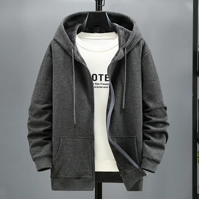 2024 Men's New Autumn and Winter Trend Plus Size Warm Hooded Cardigan Men's Casual Versatile Loose Sweatshirt Jacket