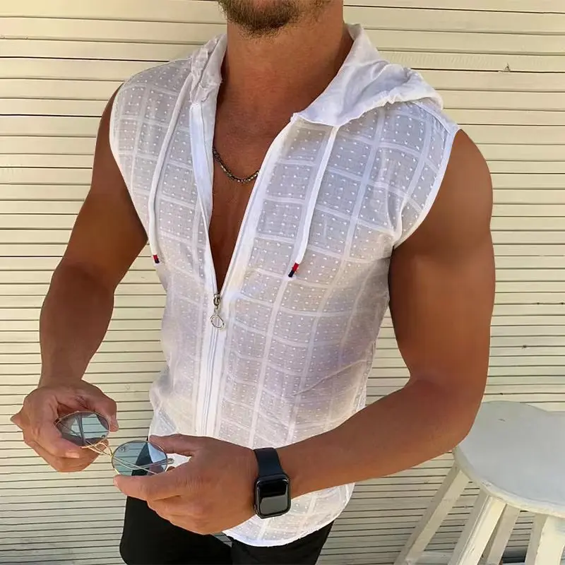 2025 New Sleeveless Hooded Zipper Cardigan T-shirt Cool New Plus Size Fashionable Lightweight Breathable Plaid Hooded Vest