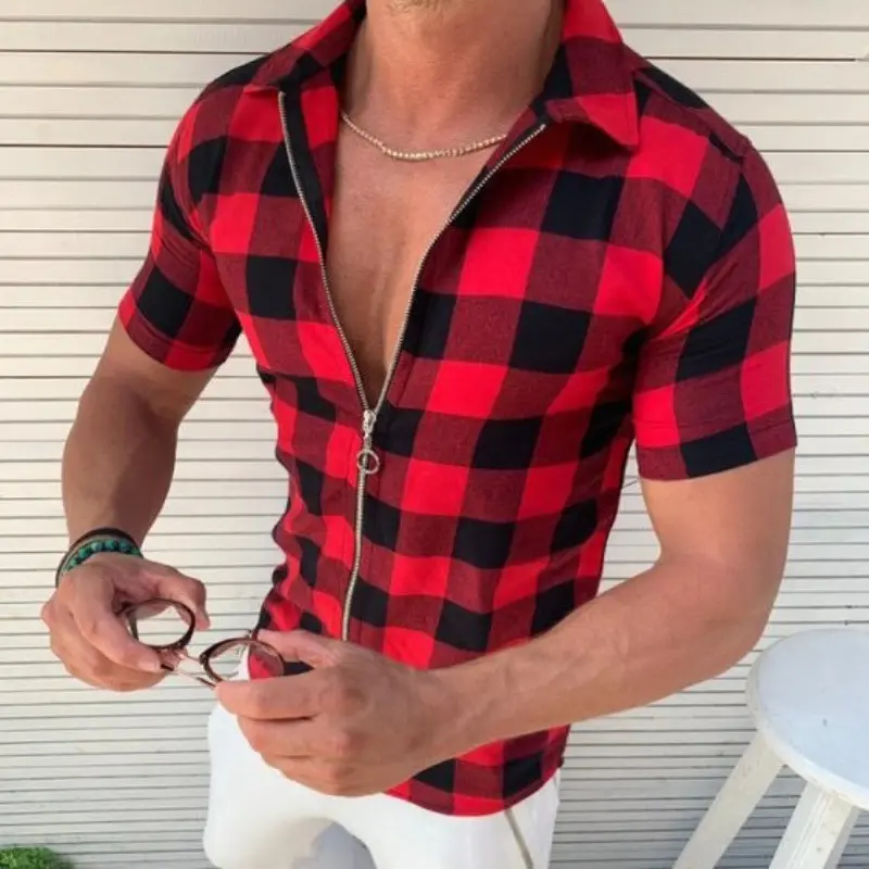 American Style New Fashionable Zipper Four Sided Elastic Grid Printed Top Men's Slim Fit Cardigan Summer Short Sleeved Shirt