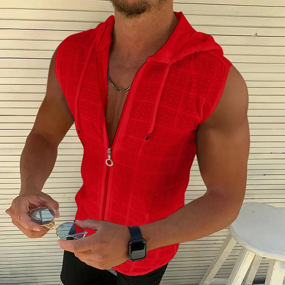 2025 New Sleeveless Hooded Zipper Cardigan T-shirt Cool New Plus Size Fashionable Lightweight Breathable Plaid Hooded Vest