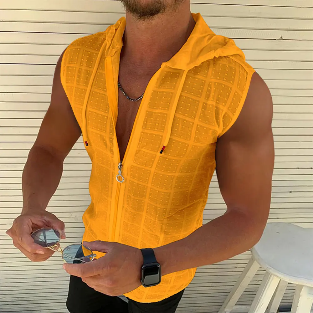 2025 New Sleeveless Hooded Zipper Cardigan T-shirt Cool New Plus Size Fashionable Lightweight Breathable Plaid Hooded Vest