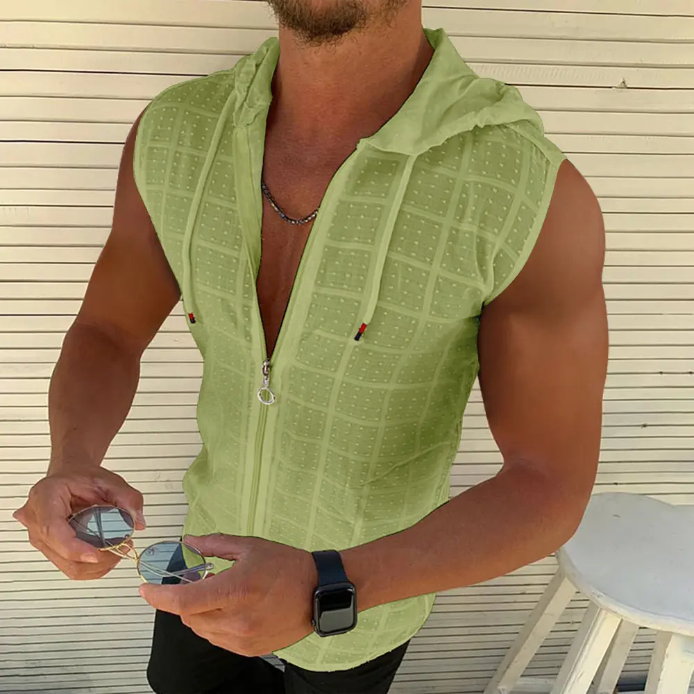 2025 New Sleeveless Hooded Zipper Cardigan T-shirt Cool New Plus Size Fashionable Lightweight Breathable Plaid Hooded Vest