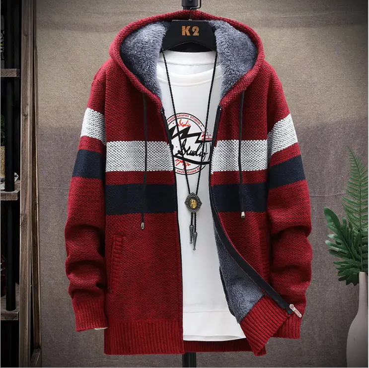 2024 Autumn/Winter New Product Men's Plush Thickened Color Blocked Hoodie Winter Zipper Men's Coat Jacket Sportswear
