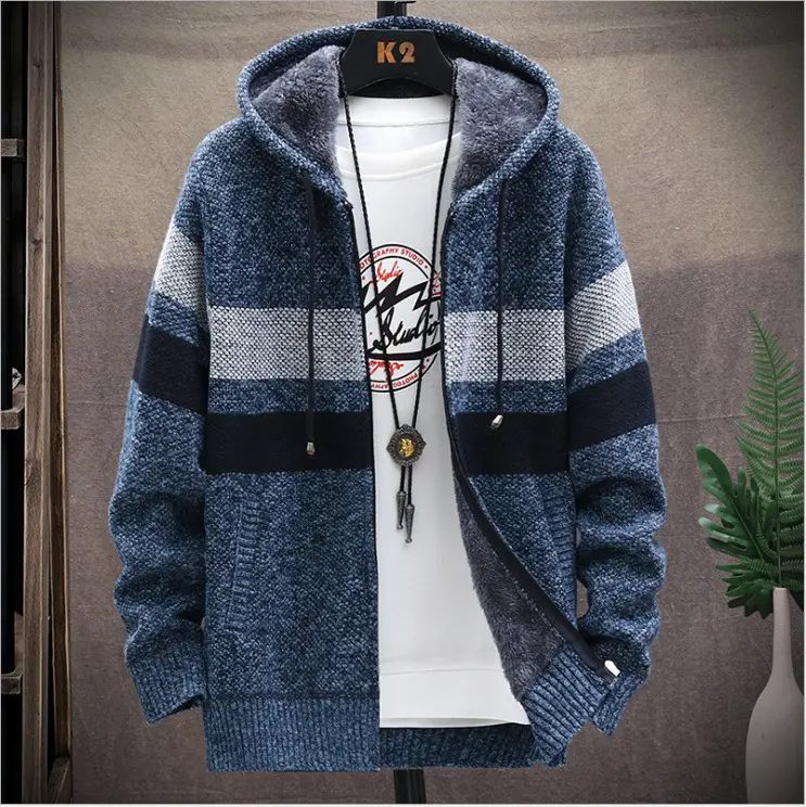 2024 Autumn/Winter New Product Men's Plush Thickened Color Blocked Hoodie Winter Zipper Men's Coat Jacket Sportswear