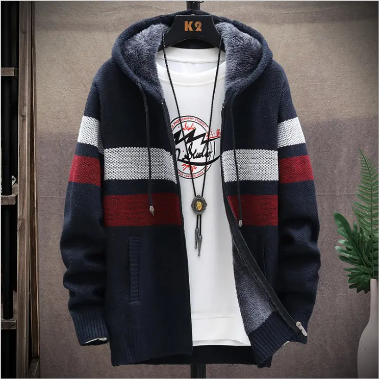 2024 Autumn/Winter New Product Men's Plush Thickened Color Blocked Hoodie Winter Zipper Men's Coat Jacket Sportswear