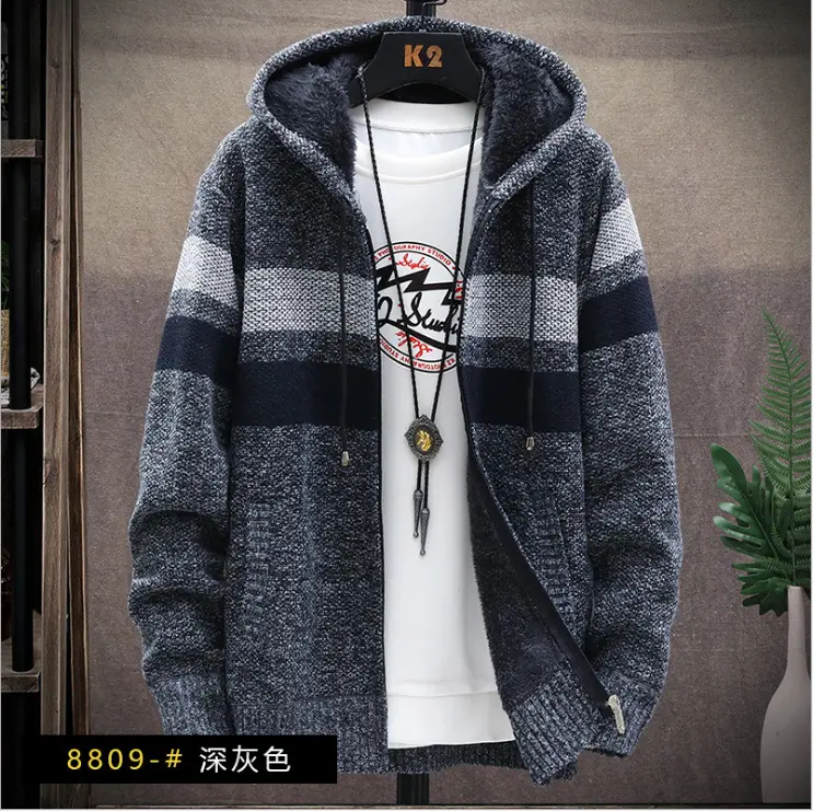 2024 Autumn/Winter New Product Men's Plush Thickened Color Blocked Hoodie Winter Zipper Men's Coat Jacket Sportswear