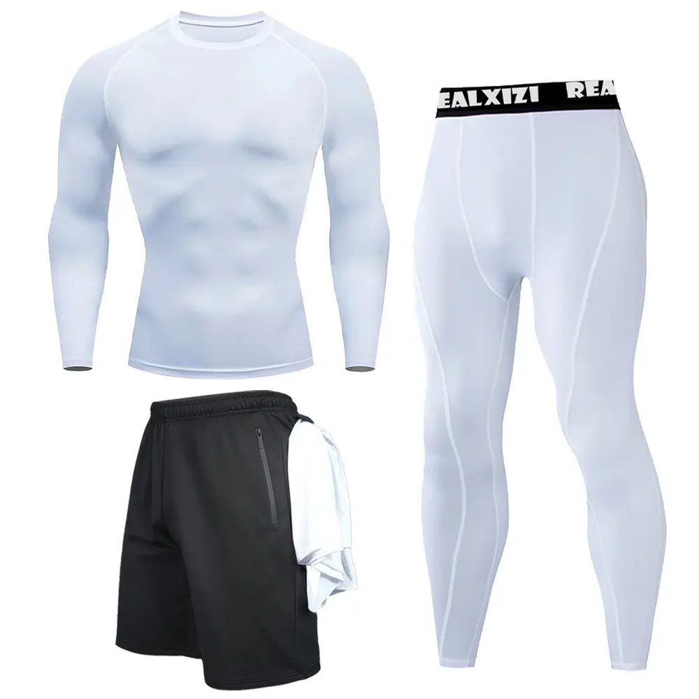 Men's Boxing Compression Set Long Sleeve Gym Top + Fitness Pants + Athletic Shorts Quick Drying Fitness Three-piece Set