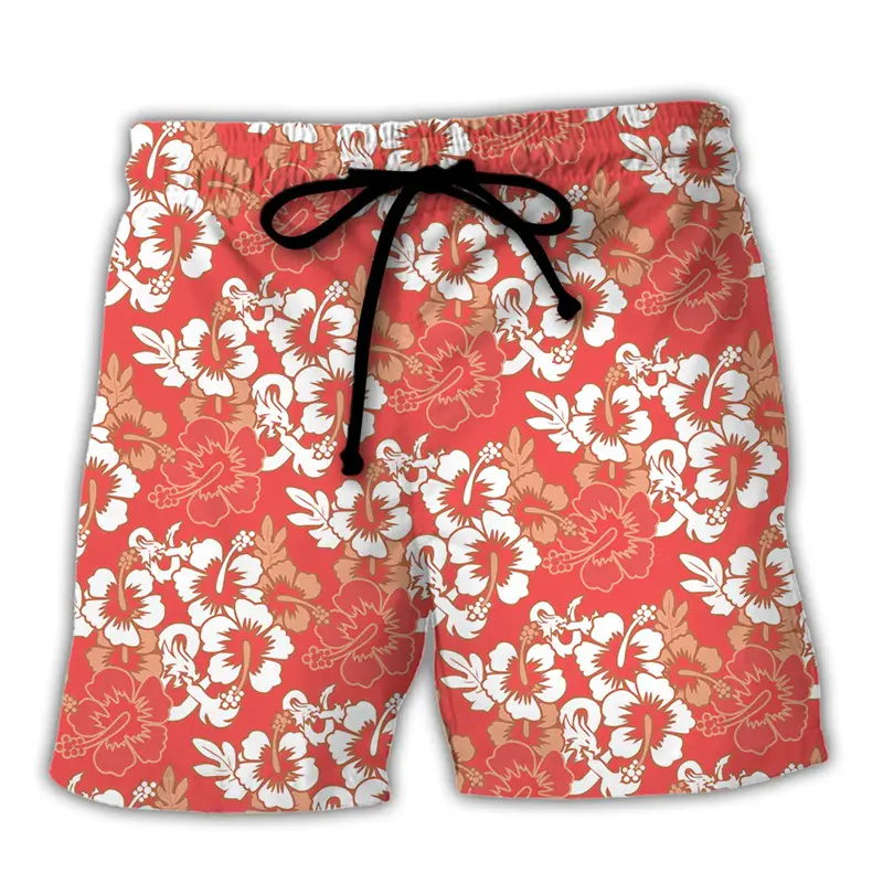 Red Hibiscus Floral 3D Graphic Shorts Men's Swim Trunks Hawaiian Surfing Board Shorts Summer Casual Quick Dry Swimwear Pants 