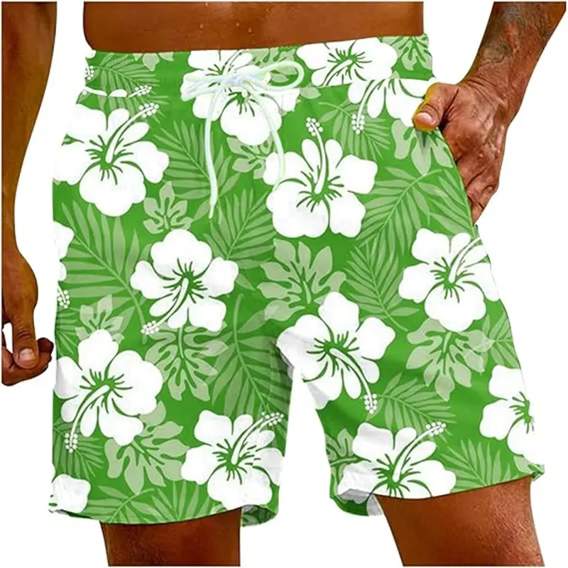 Red Hibiscus Floral 3D Graphic Shorts Men's Swim Trunks Hawaiian Surfing Board Shorts Summer Casual Quick Dry Swimwear Pants 
