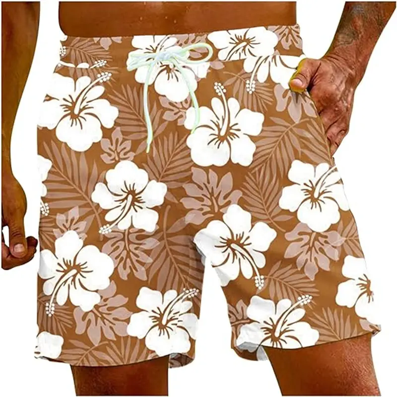 Red Hibiscus Floral 3D Graphic Shorts Men's Swim Trunks Hawaiian Surfing Board Shorts Summer Casual Quick Dry Swimwear Pants 