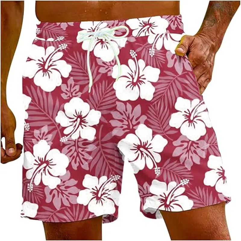 Red Hibiscus Floral 3D Graphic Shorts Men's Swim Trunks Hawaiian Surfing Board Shorts Summer Casual Quick Dry Swimwear Pants 