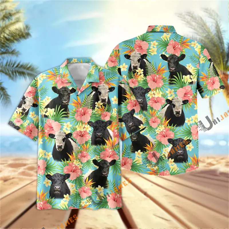 Bright Flowers Cow 3D Printed Men Hawaii Shirt Summer High Quality Breathable Button Tops Aniaml Print Men's Oversize Shirts