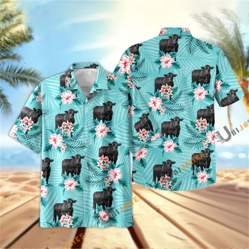 Bright Flowers Cow 3D Printed Men Hawaii Shirt Summer High Quality Breathable Button Tops Aniaml Print Men's Oversize Shirts