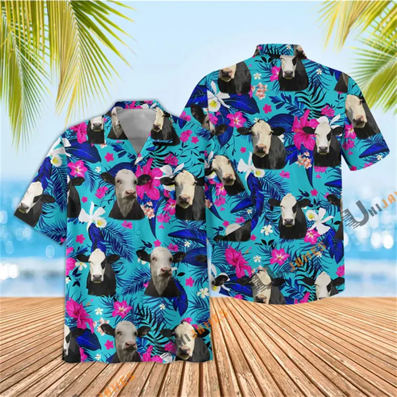 Bright Flowers Cow 3D Printed Men Hawaii Shirt Summer High Quality Breathable Button Tops Aniaml Print Men's Oversize Shirts