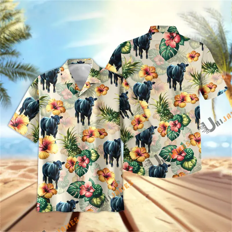 Bright Flowers Cow 3D Printed Men Hawaii Shirt Summer High Quality Breathable Button Tops Aniaml Print Men's Oversize Shirts