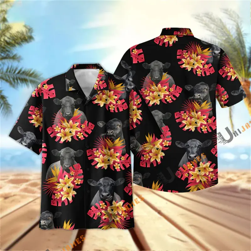 Bright Flowers Cow 3D Printed Men Hawaii Shirt Summer High Quality Breathable Button Tops Aniaml Print Men's Oversize Shirts