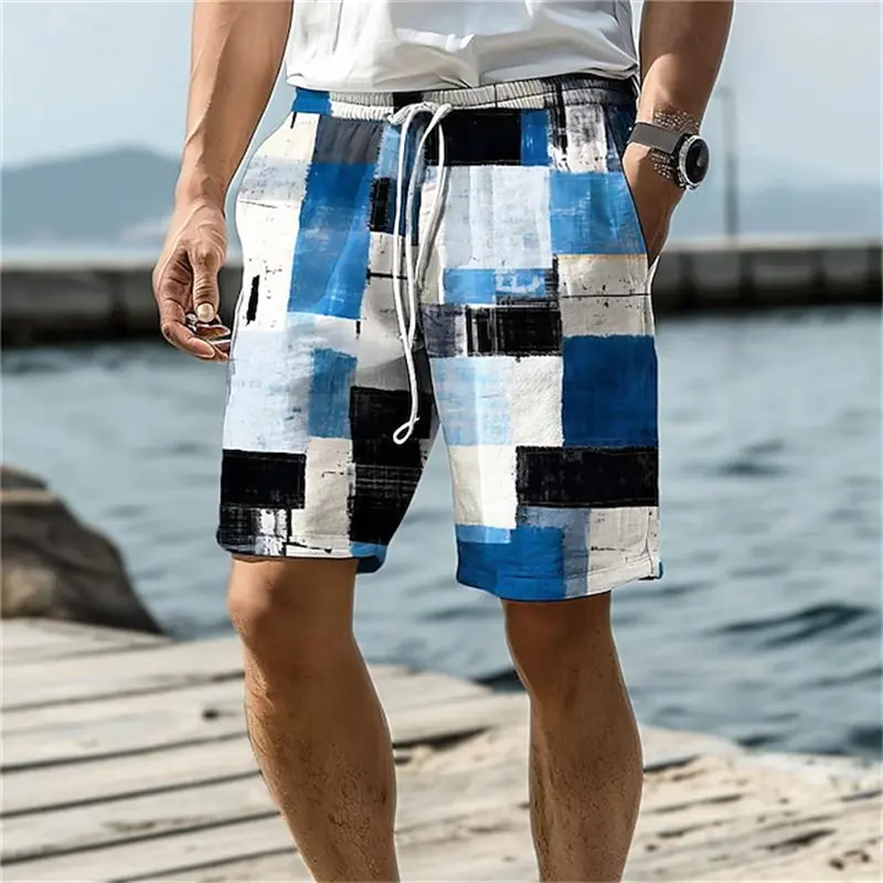 3D Print Geometric Graphic Beach Shorts Men Personality Casual Colorful Plaid Print Sportswear Quick Drying Swim Trunks Hawaii